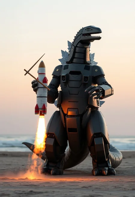 Benevolent Robot Godzilla named Mechazilla, using chopsticks, carefully catches a space rocket. The rocket booster has a flat top and fires a yellow plume of fire at its bottom. This happens in the early morning on the coast of texas, on the beach facing a calm ocean.