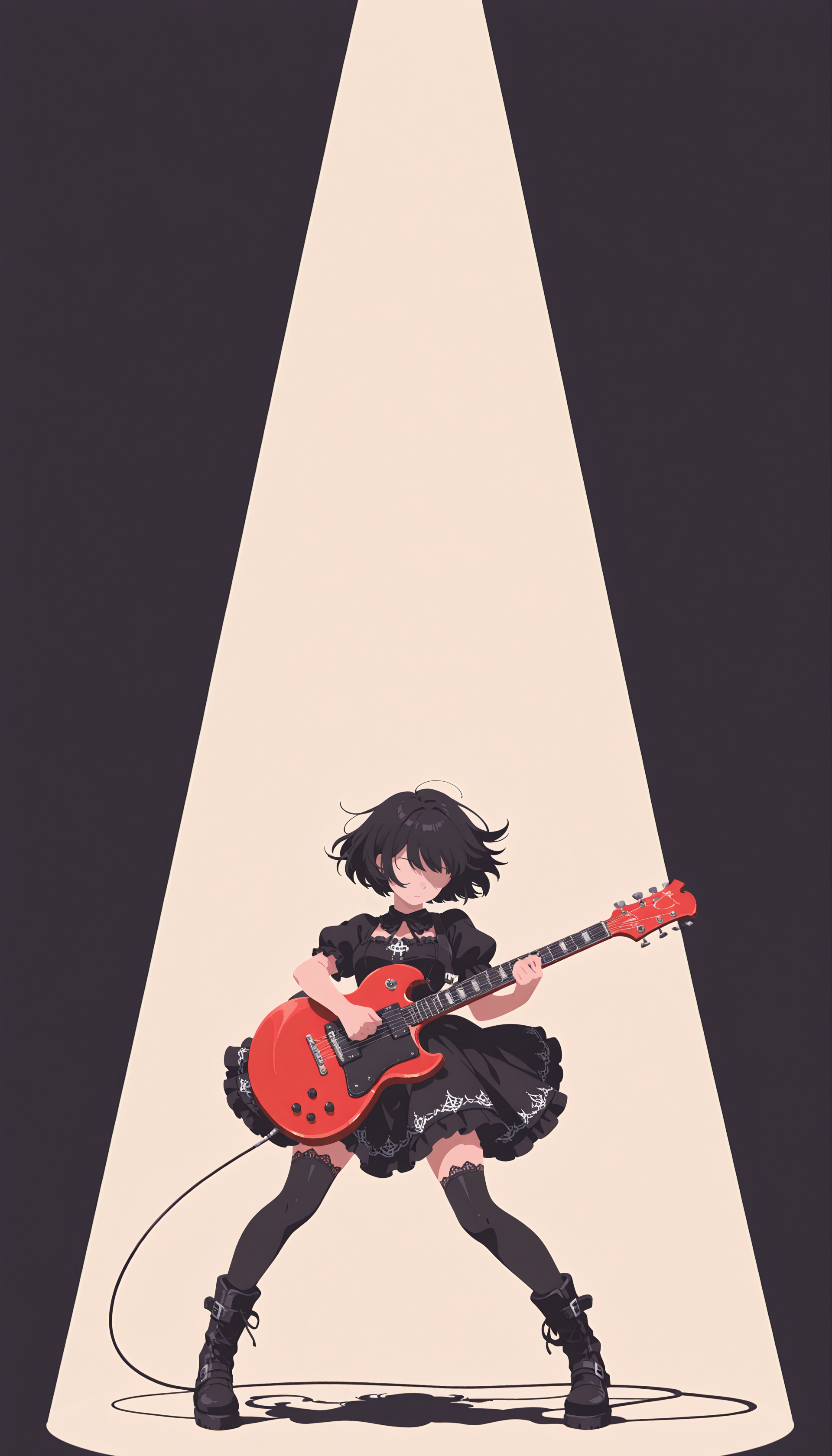 best quality, masterpiece,
sunlight,colorful,1girl,black dress,gothic dress,black boots,black thighhighs,bare_head, red guitar,gibson sg,playing guitar,spotlight, dynamic pose,
<lora:Minimalistic_Wallpaper_Style_for_Mobile__Anime_version_for_IllustriousXL:1>minimalistic, 8k wallpaper,pastel colors,  pop art style,no lineart, flat color,simple background,