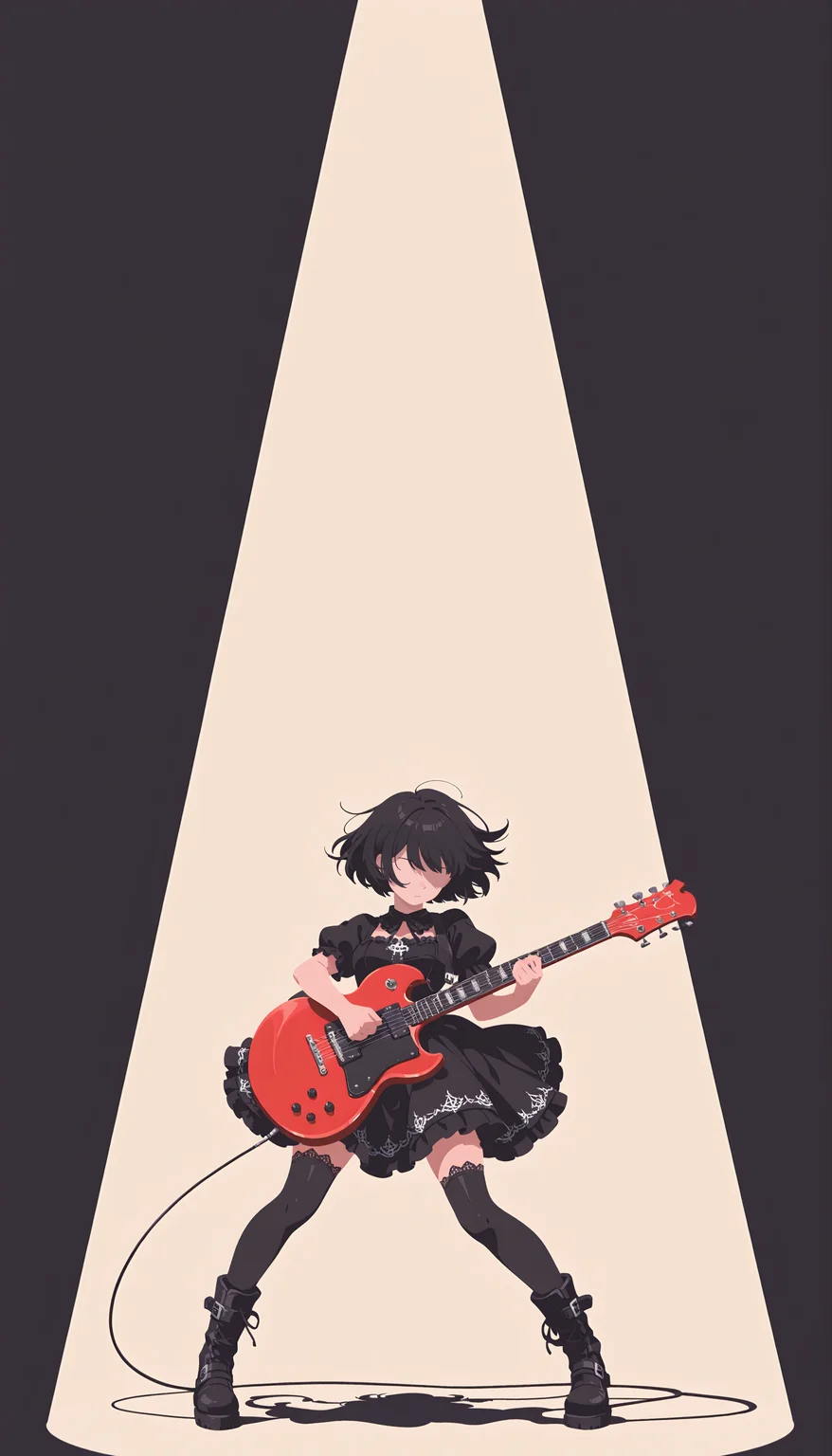 best quality, masterpiece,
sunlight,colorful,1girl,black dress,gothic dress,black boots,black thighhighs,bare_head, red guitar,gibson sg,playing guitar,spotlight, dynamic pose,
<lora:Minimalistic_Wallpaper_Style_for_Mobile__Anime_version_for_IllustriousXL:1>minimalistic, 8k wallpaper,pastel colors, pop art style,no lineart, flat color,simple background,