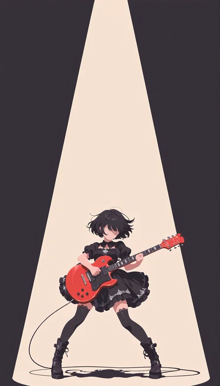 best quality, masterpiece,
sunlight,colorful,1girl,black dress,gothic dress,black boots,black thighhighs,bare_head, red guitar,gibson sg,playing guitar,spotlight, dynamic pose,
<lora:Minimalistic_Wallpaper_Style_for_Mobile__Anime_version_for_IllustriousXL:1>minimalistic, 8k wallpaper,pastel colors, pop art style,no lineart, flat color,simple background,