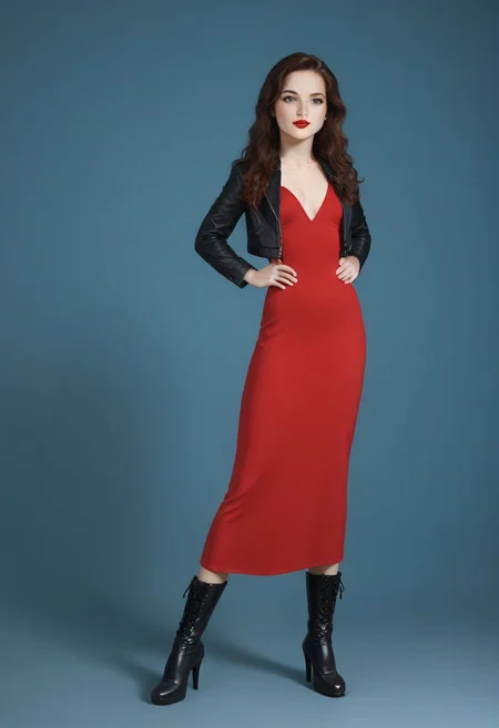 Expressiveh, red lipstick, long pony tail, (brunette 1.2), super long hair, Open white sports jacket,
Long red dress,
very high platforms boots, 9 inch heels,
small breasts, cute, adorable, innocent, petite, thin, Katie, highly detailed, perfect skin, freckles, playful look, standing facing camera, full body image,