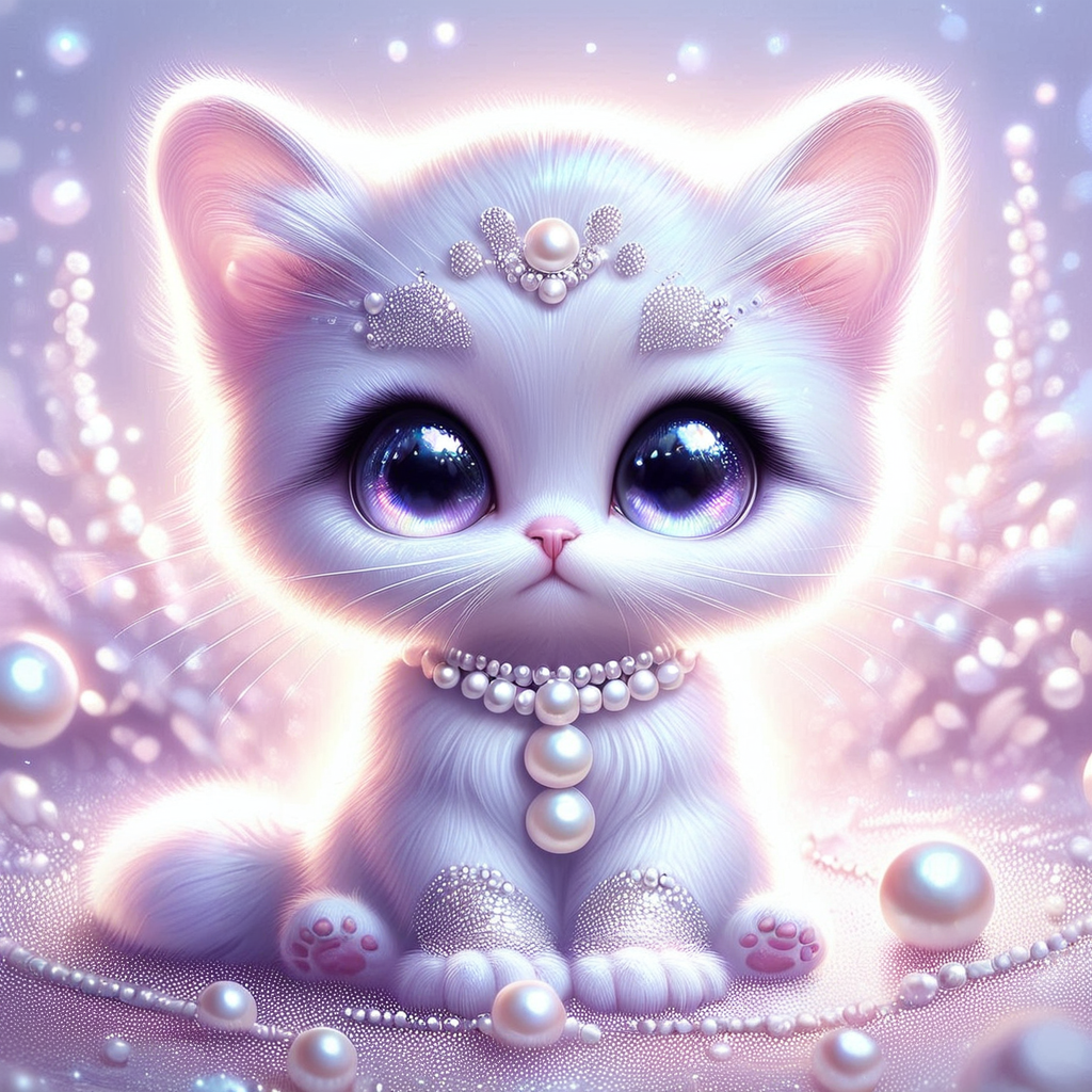 zPDXL2, Pearlum, kitten, pearls, fluffy, big eyes, cute, adorable, delicate,detailed,whimsical,enchanting, glitter,high-definition, playful, illustration,artistic,dreamy,gentle,fantasy  <lora:Pearlum_-_Pony:1>