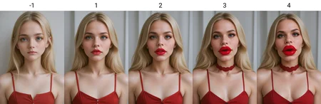 facing viewer, <lora:Lip size Slider V2_alpha1.0_rank4_noxattn_last:-1>, blonde hair, upper body, red dress, face, small breasts,