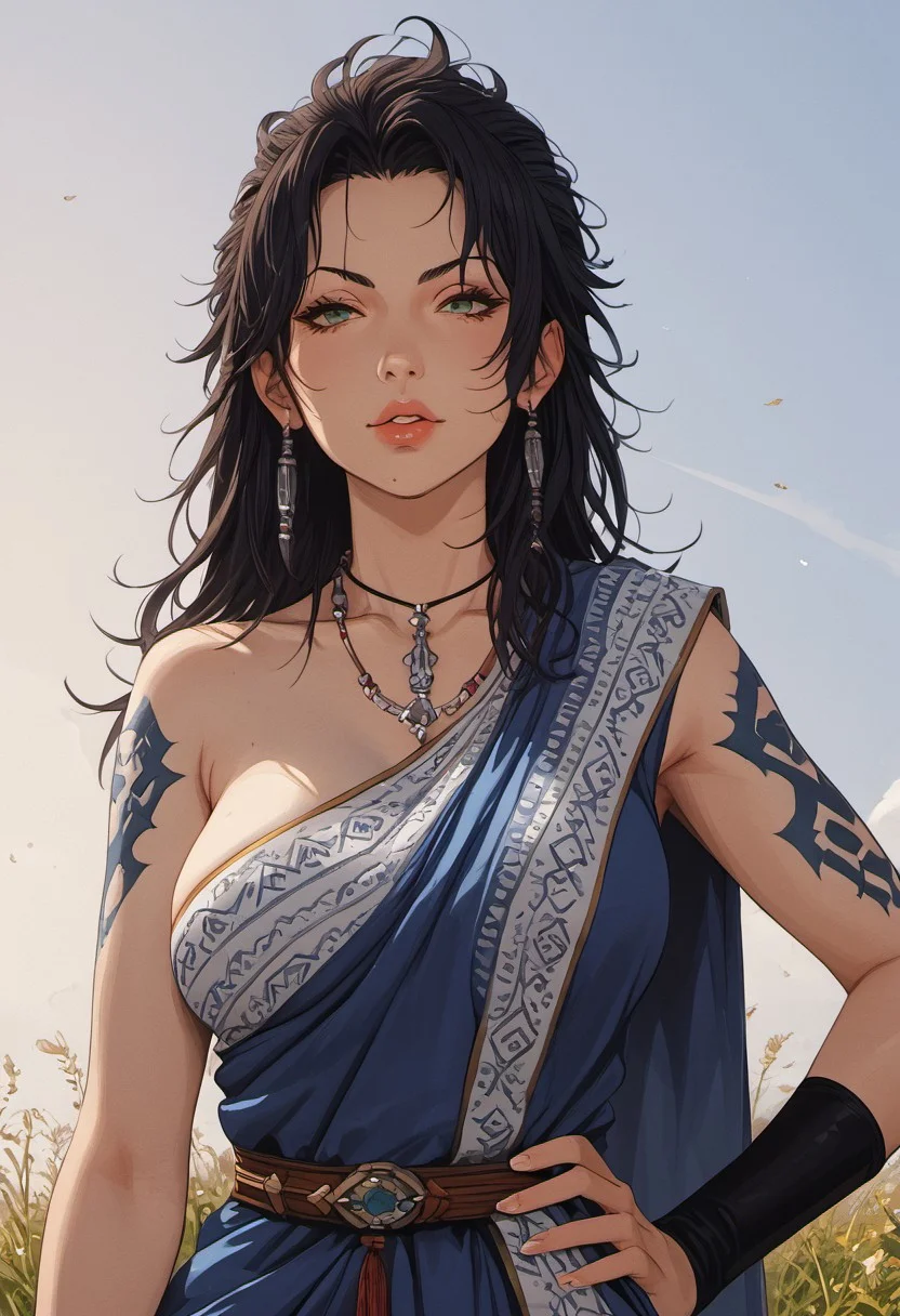 ((zPDXL3)), (score_9), score_8_up, score_8, ((face focus)), perfecteyes, ultra detailed, high resolution, high quality, masterpiece, intricate details, intricate body, intricate landscape, knva, Expressiveh, European Instagram Model, (hourglass figure), low light, grass, sky, clouds, detailed background,
BREAK
1girl, solo, source_cartoon, mature female, hand on own hip, upper body, FangFFXIII, green eyes, black hair, necklace, earrings, blue sari, arm warmers, shoulder tattoo, sandals, beautiful, pale skin, full lips, looking at viewer, soft thighs, wide hips,
<lora:Oerba_Yun_Fang_-_FFXIII:0.85>