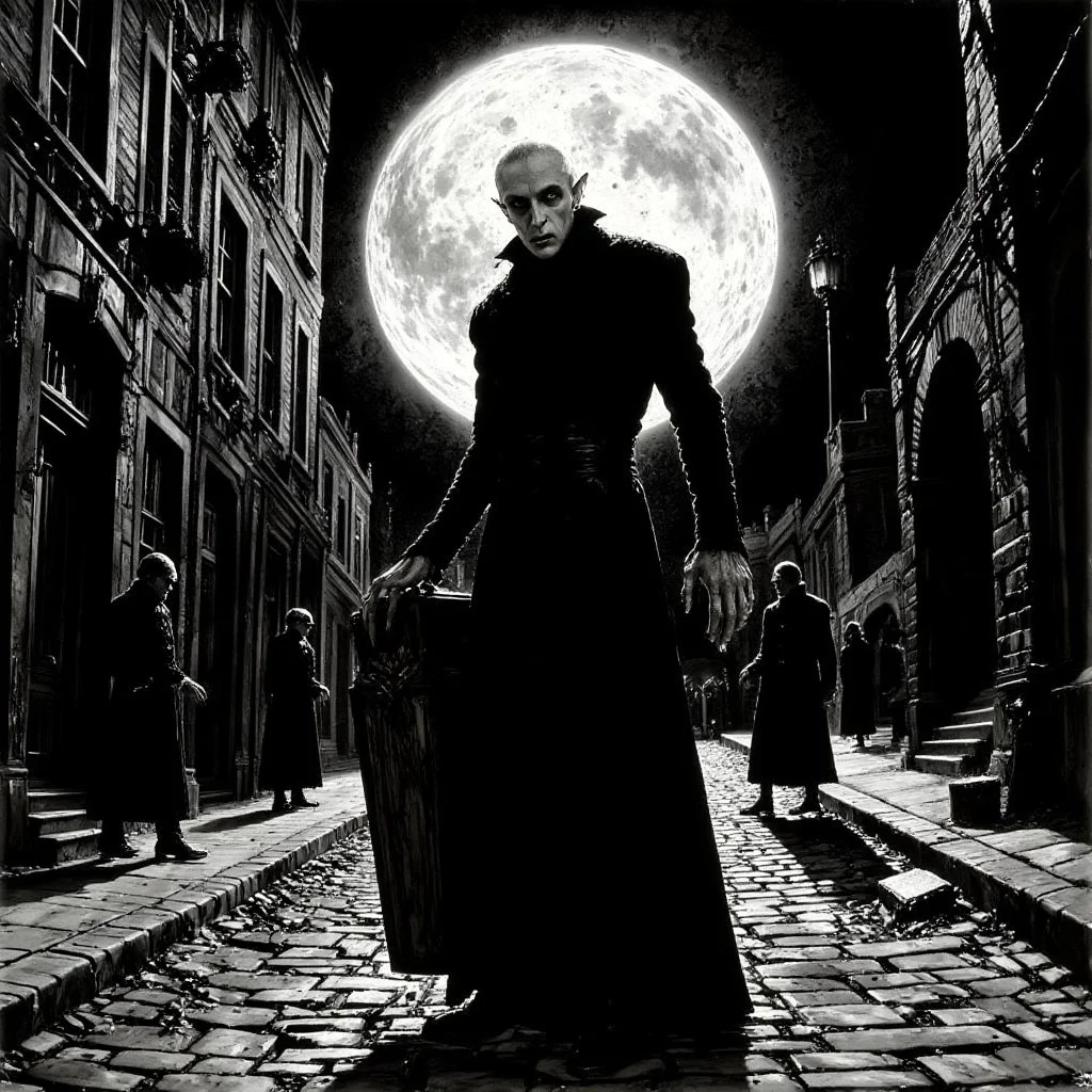 nosferatu standing alone on street, Moon behind him, holding a coffin. Cobblestones, old city. Facing viewer, long shadows. B&W