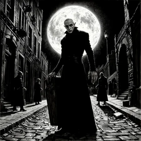 nosferatu standing alone on street, Moon behind him, holding a coffin. Cobblestones, old city. Facing viewer, long shadows. B&W