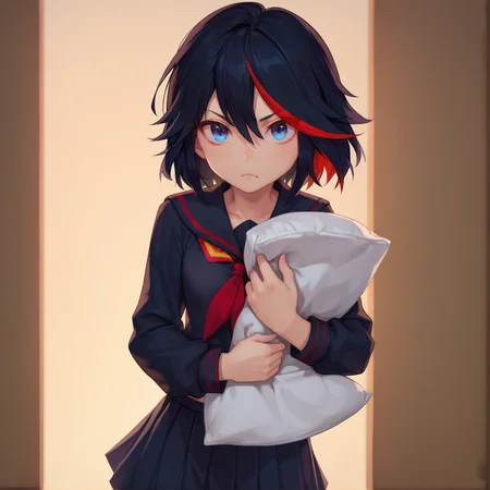 (score_9, score_8_up, score_7_up, masterpiece, best quality, extremely detailed face, perfect lighting,)1girl, solo, matoi ryuuko, school uniform, black serafuku, suspender skirt, small breasts, blue eyes, looking at viewer, black hair, red hair, streaked hair,
<lora:Matoi_RyuukoSDXL:1>, <lora:Scared_to_Sleep_Alone_Pony:0.7> scared to sleep alone, pillow hug