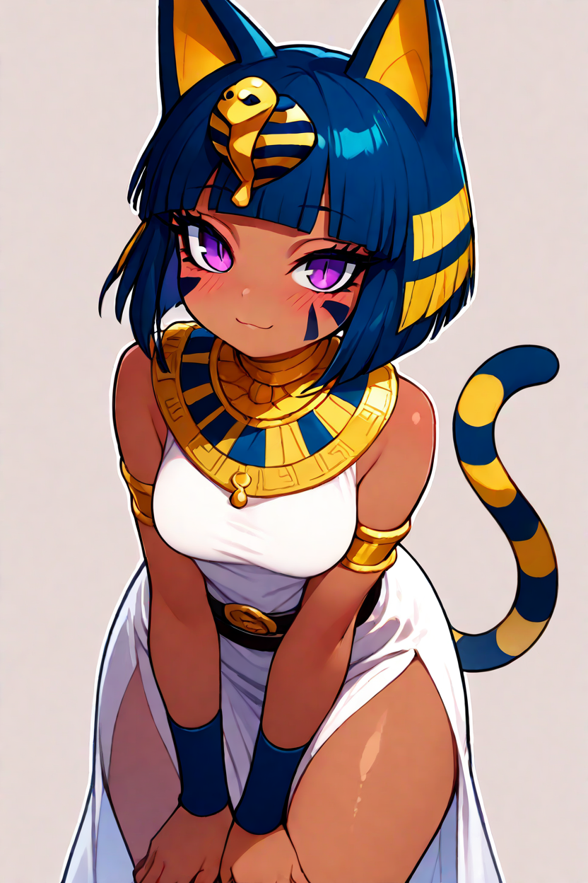 masterpiece, best quality, absurdres, medium breasts, (curvy), cute, eyelashes,      vivid colors,   BREAK,  ,,, , ,,,    zzAnkha, animal crossing, animal ears, armlet, bare shoulders, belt, blonde hair, blue hair, blunt bangs, blunt ends, bob cut, cat ears, cat girl, cat tail, cropped, daniel deng, dark skin, dress, eye of horus, eyelashes, eyes visible through hair, facial tattoo, humanization, purple eyes, shiny skin, short hair, slit pupils, tattoo, usekh collar, white dress , <lora:AnkhaIXL:1.0>, ,,,   , ,,,   smile, looking at viewer,   ,,,   smile, looking at viewer, leaning forward, head tilt, blush, <lora:CatalystIXL:0.7>, <lora:ZankuroIXLLight_v2:0.6>,