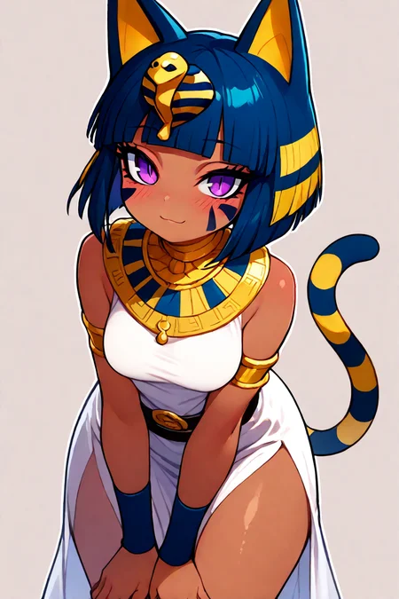 masterpiece, best quality, absurdres, medium breasts, (curvy), cute, eyelashes, vivid colors, BREAK, ,,, , ,,, zzAnkha, animal crossing, animal ears, armlet, bare shoulders, belt, blonde hair, blue hair, blunt bangs, blunt ends, bob cut, cat ears, cat girl, cat tail, cropped, daniel deng, dark skin, dress, eye of horus, eyelashes, eyes visible through hair, facial tattoo, humanization, purple eyes, shiny skin, short hair, slit pupils, tattoo, usekh collar, white dress , <lora:AnkhaIXL:1.0>, ,,, , ,,, smile, looking at viewer, ,,, smile, looking at viewer, leaning forward, head tilt, blush, <lora:CatalystIXL:0.7>, <lora:ZankuroIXLLight_v2:0.6>,