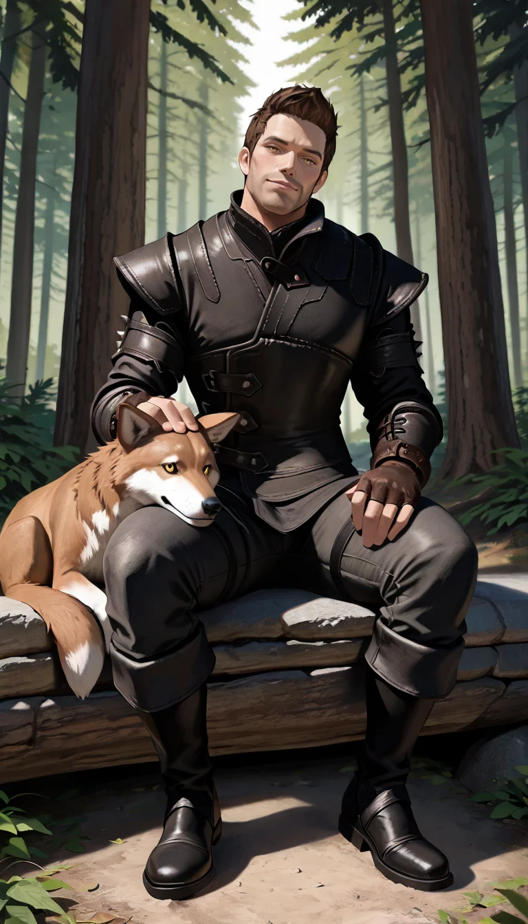 masterpiece, best quality, newest, perfect quality, best quality, detailed background, intricate details, male focus, solo, <lora:Skyrim Romance Mod - Bishop - Illustrious 2-000007:0.7>, srm_bishop, 1boy, mature male, brown hair, very short hair, yellow eyes, stubble, leather armor, fingerless gloves, pants, boots, forest, looking at viewer, head tilt, sitting
BREAK petting wolf