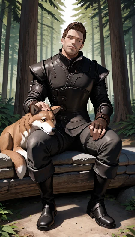 masterpiece, best quality, newest, perfect quality, best quality, detailed background, intricate details, male focus, solo, <lora:Skyrim Romance Mod - Bishop - Illustrious 2-000007:0.7>, srm_bishop, 1boy, mature male, brown hair, very short hair, yellow eyes, stubble, leather armor, fingerless gloves, pants, boots, forest, looking at viewer, head tilt, sitting
BREAK petting wolf