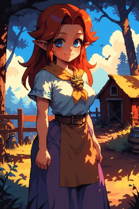 score_9, score_8_up, score_7_up, score_6_up, score_5_up, source cartoon, BREAK, (thick thighs), smile, closed mouth, (cowboy shot), looking at viewer, realistic background, forest, farm, curvy, wide hips, shortstack, bright eyes, blush, freckles, <lora:malon_cremia-v1_pdxl:1> , malon, 1girl, white shirt, short sleeves, purple skirt, long skirt, brown belt, belt, yellow neckerchief, <lora:d3p1x3lXLP:1> , d3p1x3l, pixel art, scenery,