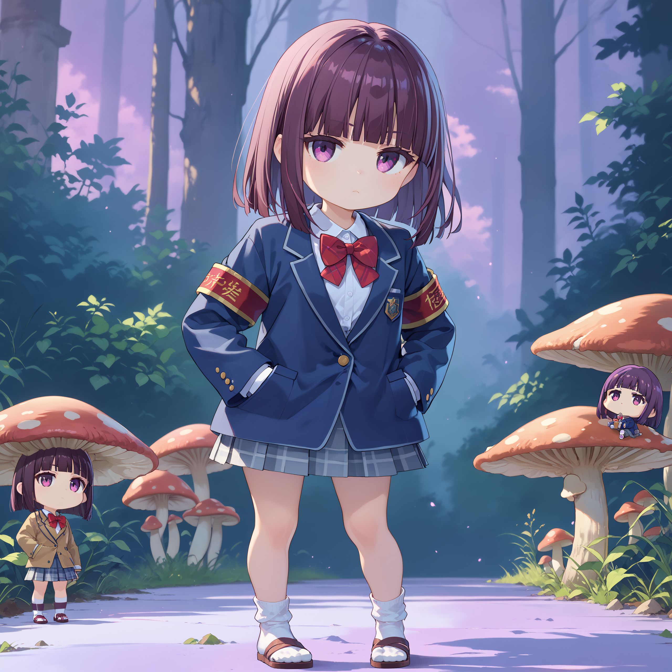 score_max, (score_9, score_8_up, score_7_up:1.2), score_6_up, official art,
masterpiece, absurdres, high detail, 8k,
mushroom kingdom, purple fog,
standing, hand in pocket, bored, jitome, looking at viewer,
(chibi:1.2), akisa, school uniform, blazer, armband, long sleeves, sleeves past fingers, red bowtie, white shirt, pleated skirt, plaid skirt, grey skirt, white socks, sandals
<lora:XL_Pony_MGCM-akisa-t1:1>