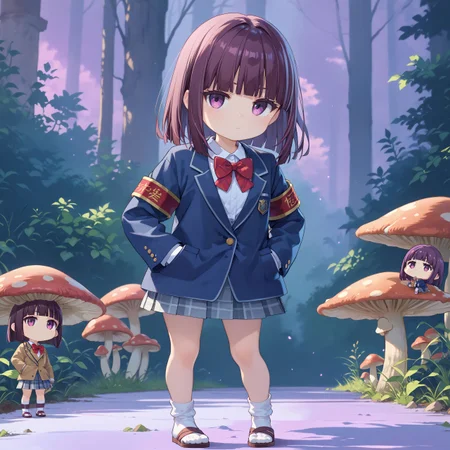 score_max, (score_9, score_8_up, score_7_up:1.2), score_6_up, official art,
masterpiece, absurdres, high detail, 8k,
mushroom kingdom, purple fog,
standing, hand in pocket, bored, jitome, looking at viewer,
(chibi:1.2), akisa, school uniform, blazer, armband, long sleeves, sleeves past fingers, red bowtie, white shirt, pleated skirt, plaid skirt, grey skirt, white socks, sandals
<lora:XL_Pony_MGCM-akisa-t1:1>