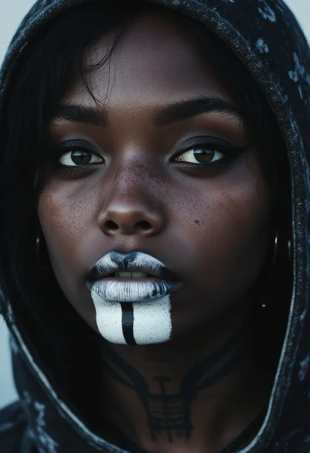 roger-style, a Closeup Portrait of a dark skinned freckled Face tattooed smiling black Emo Girl with Large White eye-makeup, eyeshadow, Hood shading the eyes, volumetric backlight, intricate details, vibrant blueish/white chin tattoo