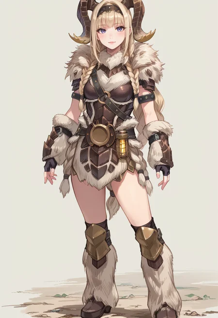 (score_9:0.9),score_8_up,score_7_up,rating_safe,anime style,(zPDXL),<lora:Banbaro beta armor ponyXL v1.2:0.77>,banbaro beta armor, 1girl, solo, horn hairband, blonde hair, white fingerless gloves, long hair, white knee boots, twin braids, standing, full body,