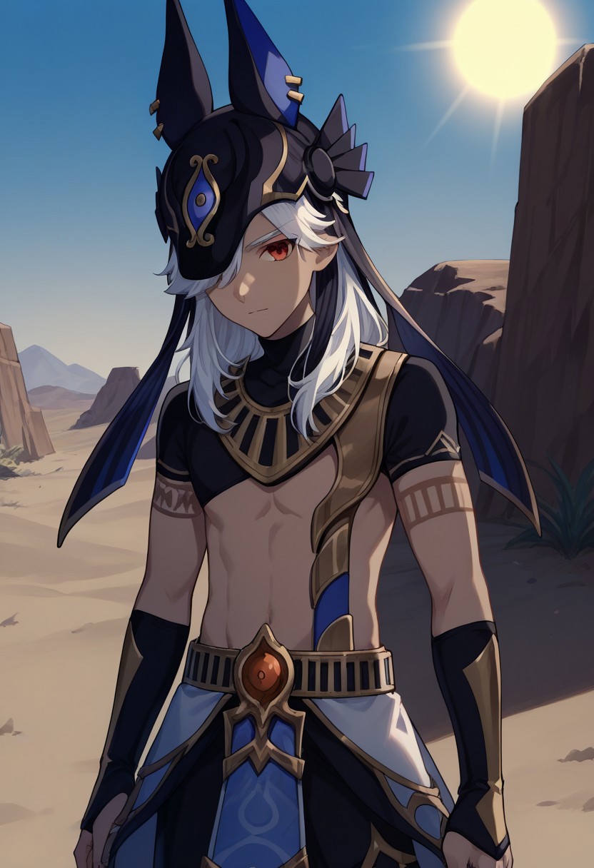 score_9, score_8_up, score_7_up, source_anime, highly detailed, 
cyno, 1boy, male focus, solo, dark-skinned male, dark skin, white hair, hair over one eye, long hair, red eyes, egyptian clothes, hat, animal hat, jackal ears, black headwear, jewelry, usekh collar, gold trim, chocker, black chocker, tattoo, arm tattoo, crop top, shirt, black shirt, short sleeves, bridal gauntlets, belt,
outdoor, desert, dunes, sun,