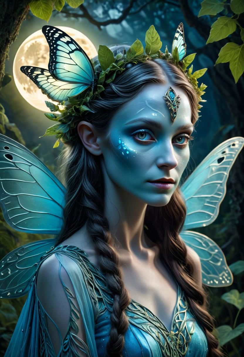 masterpiece, cinematic focus, award winning portrait of the beautiful fairy queen, ligt blue skin, flourescent butterfly wings, mesmerizing austere gaze, leaf dress, small faeries around the dress, full moon backgound, intricate details, flourishing nature, druidic magic, celtic folklore atmosphere