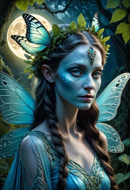 masterpiece, cinematic focus, award winning portrait of the beautiful fairy queen, ligt blue skin, flourescent butterfly wings, mesmerizing austere gaze, leaf dress, small faeries around the dress, full moon backgound, intricate details, flourishing nature, druidic magic, celtic folklore atmosphere