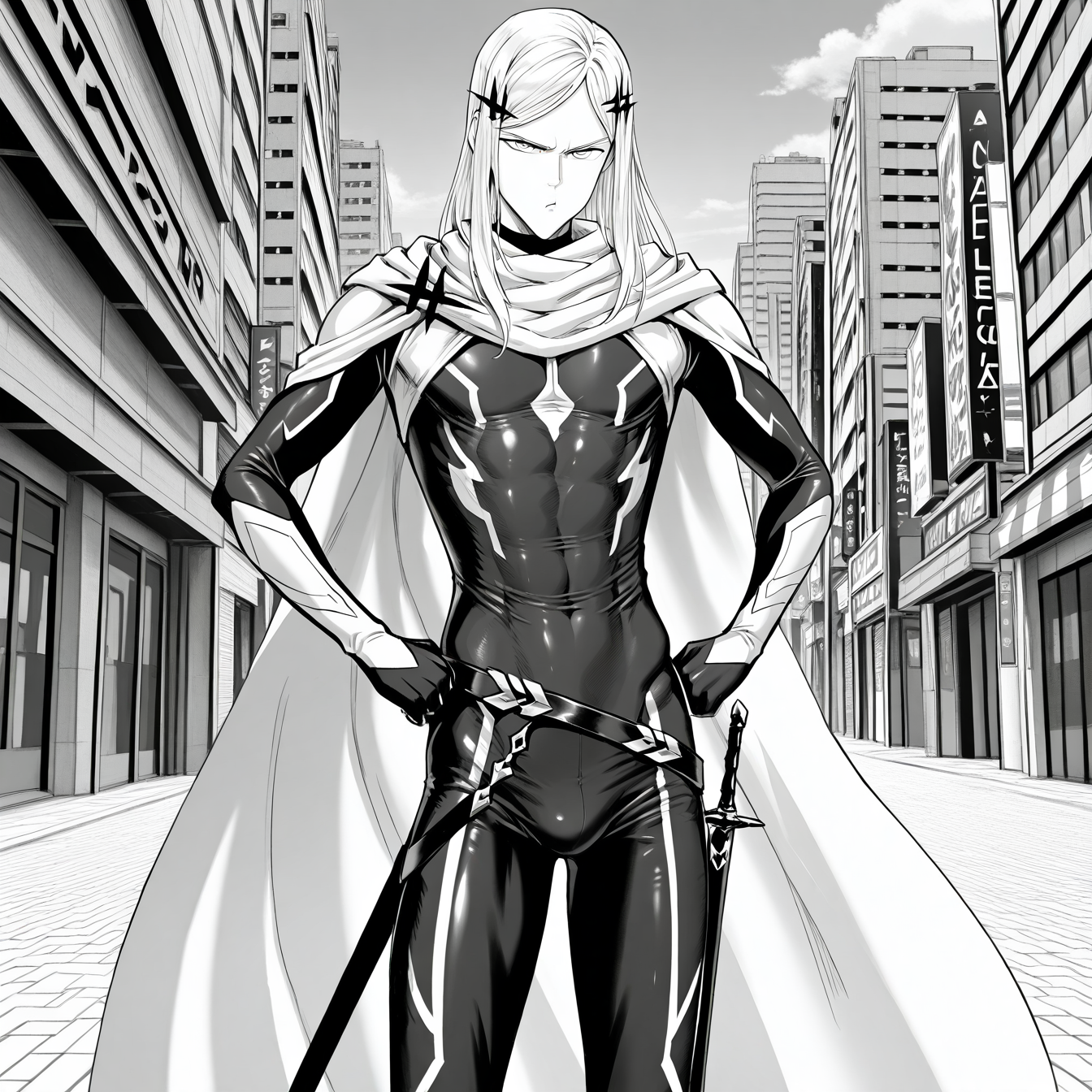 1boy, opmstyle, senkou no flash, hands on own hips, male focus, sheath, greyscale, monochrome, pout, standing, long hair, scarf, skintight suit, cape, looking at viewer, solo, city background, high quality, best quality, amazing quality, highres, absurdres, masterpiece, aesthetic,  <lora:OPMStyle:1>