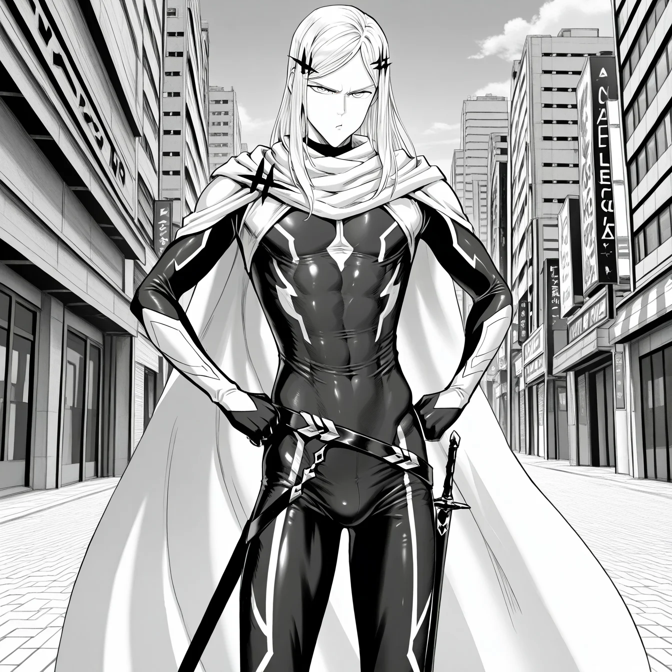 1boy, opmstyle, senkou no flash, hands on own hips, male focus, sheath, greyscale, monochrome, pout, standing, long hair, scarf, skintight suit, cape, looking at viewer, solo, city background, high quality, best quality, amazing quality, highres, absurdres, masterpiece, aesthetic, <lora:OPMStyle:1>