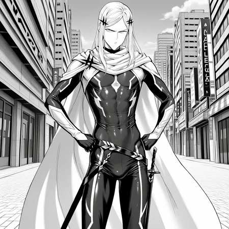 1boy, opmstyle, senkou no flash, hands on own hips, male focus, sheath, greyscale, monochrome, pout, standing, long hair, scarf, skintight suit, cape, looking at viewer, solo, city background, high quality, best quality, amazing quality, highres, absurdres, masterpiece, aesthetic, <lora:OPMStyle:1>