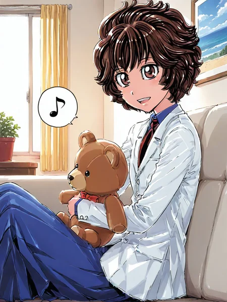 1girl,shiny skin ,<lora:marnie_ill_v1:1> toshimarnie, short hair, messy hair, brown hair, brown eyes,white jacket, shirt, necktie,flat chest,long skirt,BREAK
hugging stuffed toy,teddy bear,on couch,smile,spoken musical note,BREAK
masterpiece,best quality,amazing quality,from side,open mouth,indoors,living room,sunlight,(emblem:-1.0),