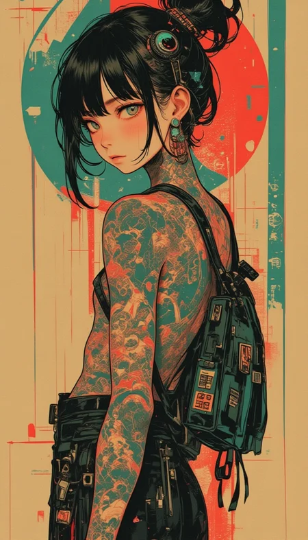 Simon Strenhag style,
Yakuza Japanese tattoos Cyberpunk feel,1girl,solo,