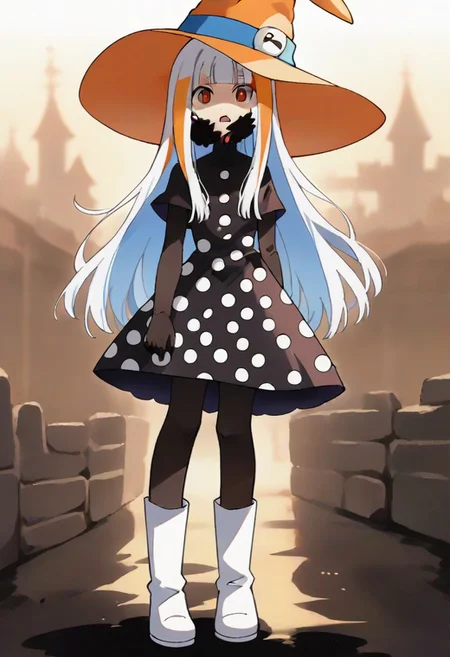 source_anime, anime, (vivid colors, bright colors:1.1),, adult, white hair,long hair,bangs,orange hat, thin hat, witch hat, black dress,black pantyhose,white boots,polka dots,polka dot dress, <lora:Eureka_Frog_v10:1>,