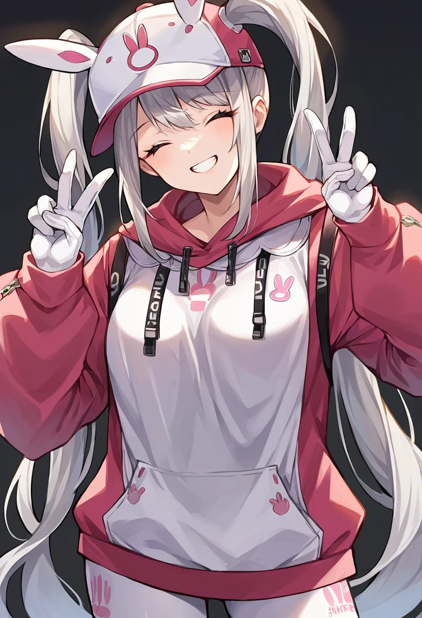 score_9, score_8_up, score_7_up, source_anime BREAK 1girl, solo,<lora:alice-nikke-richy-v1_pdxl:1> alicebunny, twintails, very long hair, grey hair, hat, hoodie, white leggings, white gloves, standing, from side, looking at viewer, closed eyes, smile, teeth, head tilt, fake animal ears, double v