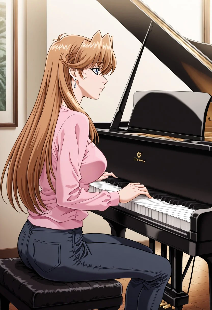 masterpiece, best quality, newest, highres, uncensored, 1girl, yokota mamoru style,1girl,Sendou Nana,light Brown Hair, Long hair,Brown Eyes,slim,solo, Young-adultmasterpiece, best quality,1girl, instrument, solo, piano, playing instrument, sitting, music, grand piano, long sleeves, long hair, blue eyes, indoors, brown hair, profile,earrings,sad,black jeans
