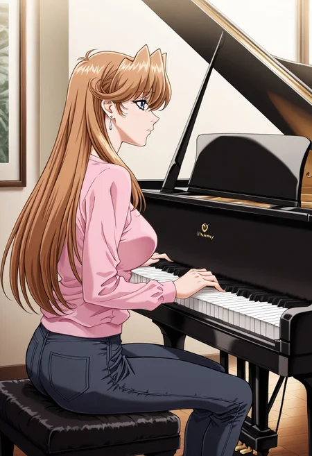 masterpiece, best quality, newest, highres, uncensored, 1girl, yokota mamoru style,1girl,Sendou Nana,light Brown Hair, Long hair,Brown Eyes,slim,solo, Young-adultmasterpiece, best quality,1girl, instrument, solo, piano, playing instrument, sitting, music, grand piano, long sleeves, long hair, blue eyes, indoors, brown hair, profile,earrings,sad,black jeans