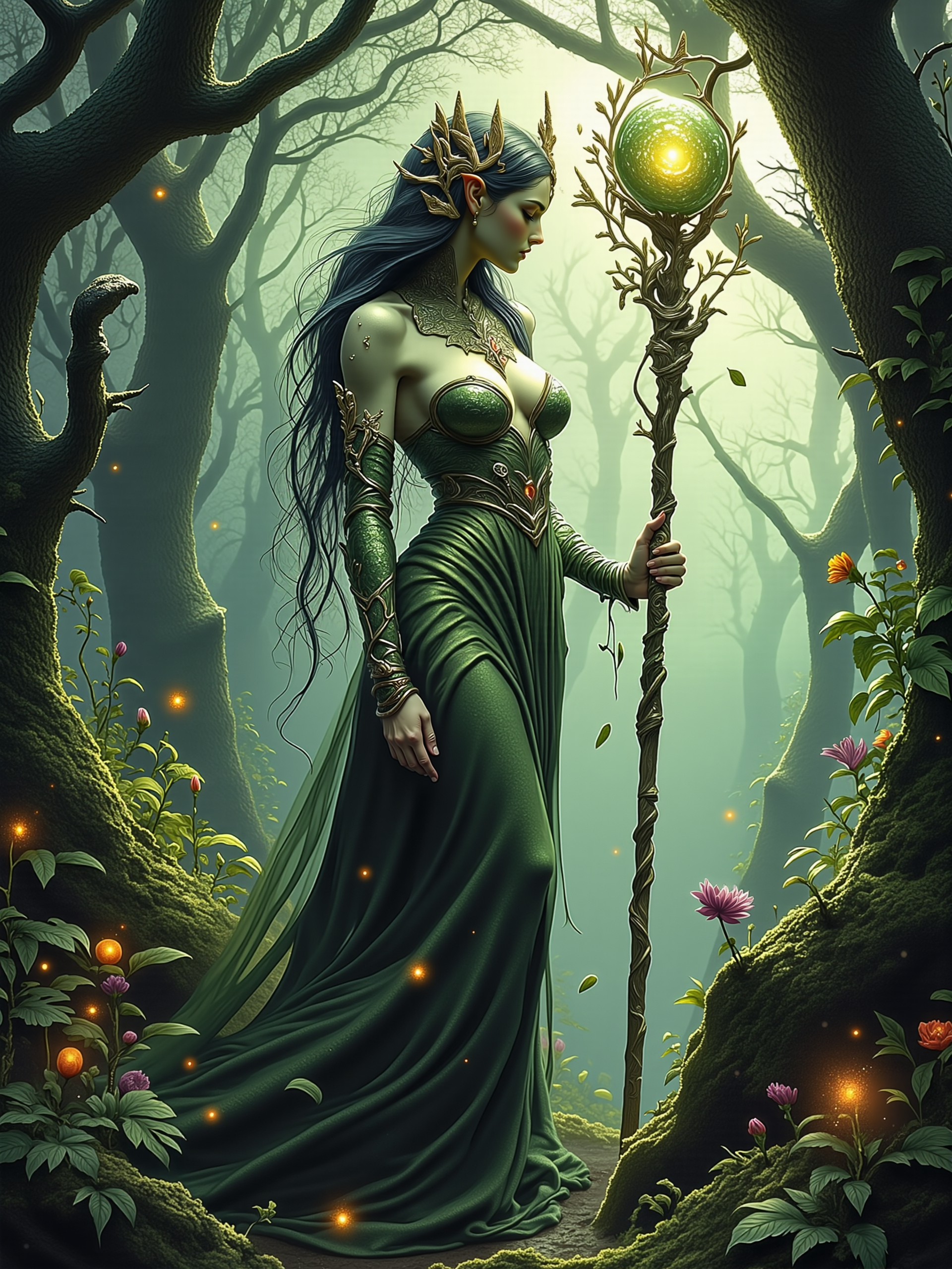 masterwork oil painting inspired by jorge jacinto and antoni gaudi and akseli gallen kallela, blending fantasy with art nouveau and symbolism, with a dreamlike and enigmatic atmosphere, portrait of a hauntingly beautiful dryad in the heart of an enchanted forest, ethereal woods stretch endlessly, with tangled trees and faintly glowing flora, the painting conveys a sense of mystery and quiet power, the dryad stands gracefully, her features are striking and otherworldly, her skin has subtle bark-like textures with delicate veins of glowing green and purple, she wears an ethereal gown woven from moss, leaves, and petals, her arms adorned with intricate vines and delicate floral motifs, the forest floor is rich with moss, fallen leaves, and faintly luminescent flowers, while in the background, the hazy woods fade into a soft blur, with shafts of light filtering through the mist, creating a sense of depth and otherworldly allure, the dryad exudes an aura of mystical elegance, as both guardian and embodiment of the forest, she seems to emerge from the trees themselves, blending seamlessly into her surroundings, her gaze is serene yet captivating, her luminous eyes reflecting the wisdom and mystery of nature, her hair cascades like flowing vines, interwoven with glowing blossoms, her pose is poised yet organic, her hands lightly cradling an intricately shaped branch-like staff with a glowing orb of light, her entire form glows faintly, as though she is imbued with the forest's life force, soft, diffused lighting filters through the mist and branches, casting gentle highlights on the dryad's figure and accentuating the intricate details of her natural attire, the forest glows faintly with muted greens, blues, and silvers, with glowing accents emanating from the dryad, delicate particles of light float in the air, adding a magical, dreamlike quality, painted with exquisite attention to detail, inspired by the flowing forms of art nouveau and the layered, symbolic compositions of pre-raphaelite works, the painting employs a harmonious color palette and cinematic composition to evoke a sense of mystery and transcendence, intricate details, perfect female hands, traditional media, oil on canvas, intricate details, magical atmosphere, arsmjstyle, dnddarkestfantasy, hknature, <lora:protectors_of_nature-flux-by_hailoknight:0.52> <lora:epic_gorgeous_details-character-flux-by_flyway:0.24> <lora:style-dnd_dark_fantasy-flux-by_arsmachina:0.52>