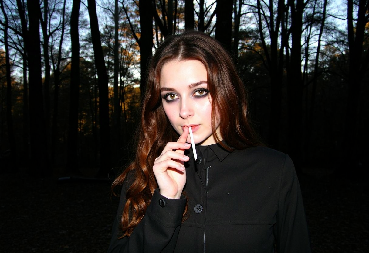 low-resolution photo,  shot on a mobile phone, noticeable graininess, no visible JPEG artifacts, some lens flare from the sunlight in the background. Young woman, early 20s, casual style, wearing dark trench coat, long wavy brown hair cascading over her shoulders, looking direct at the viewer, gothic heavy makeup, outdoors in the dark forest, autumn, holding a cigarette to her lips, smoking cigarette, sunlight filtering through the trees