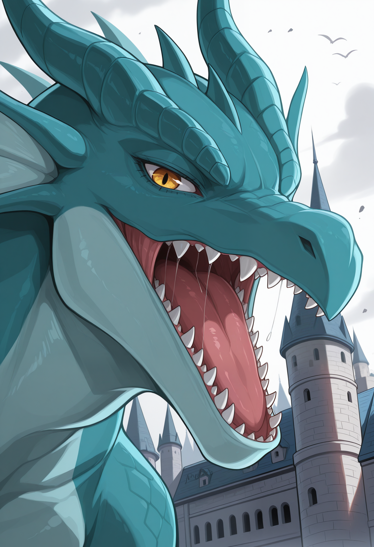 masterpiece,best quality,amazing quality, 1boy, solo, t1m43us, dragon, open mouth, looking at viewer, close up, side angle, castle,