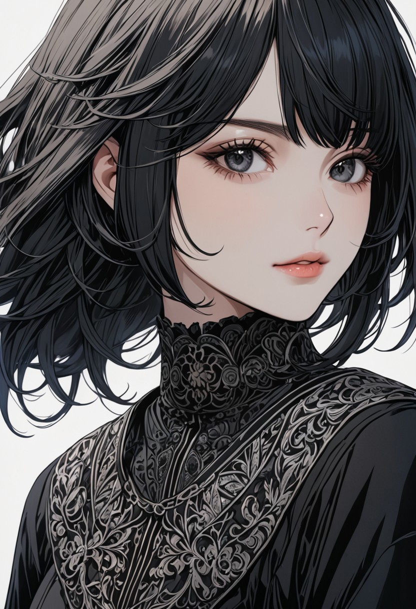 gorgeous lips, cinematic, (masterpiece), (best quality), (ultra-detailed), very aesthetic, illustration, perfect composition, intricate details, absurdres, detailed face, (anime, masterpiece, intricate:1.3), (best quality, hires textures, high detail:1.2), (4k),(incredibly detailed:1.4) (beautiful detailed face, beautiful detailed eyes)
villain, 1woman, arrogant smile
high pointed nose, (nostrils:1.3), no bra, blurry, 22-year-old woman, pale skin,
black eyes, bob black hair, big brests
open top, from behind, outdoors, white background