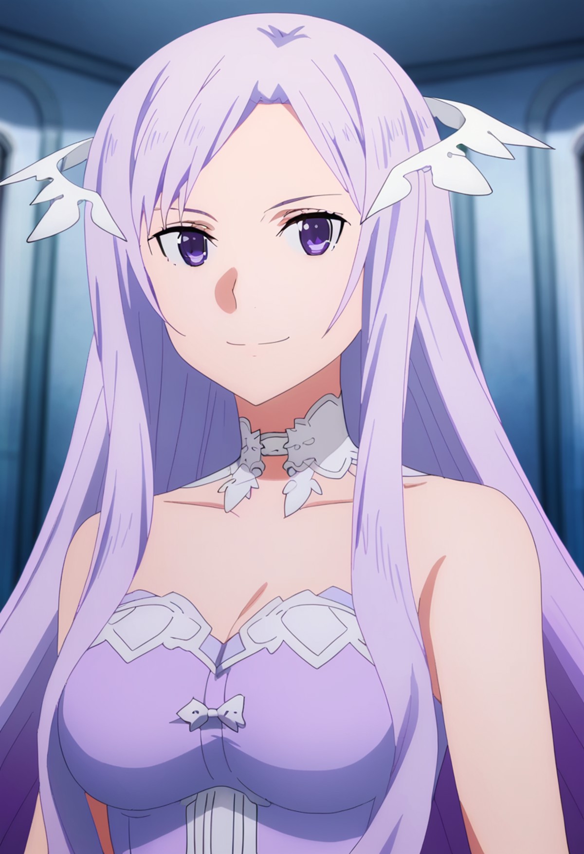 score_9,  <lora:quinella:1> quinella, 1girl, :d, anime coloring, bare shoulders, blurry, breasts, choker, hair censor, hair ornament, holding, long hair, looking at viewer, portrait, purple eyes, purple hair, quinella, smile, solo, upper body