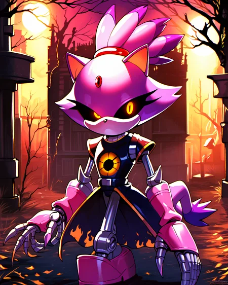 score_9, score_8_up, solo, Blaze the cat, glowing eyes, black sclera, robot, metal skin, shiny skin, no mouth, outdoors, robot joints, night, (dark lighting), (horror theme), apocalyptic, <lora:Robotization_Pony:0.7>, score_9, score_8_up,