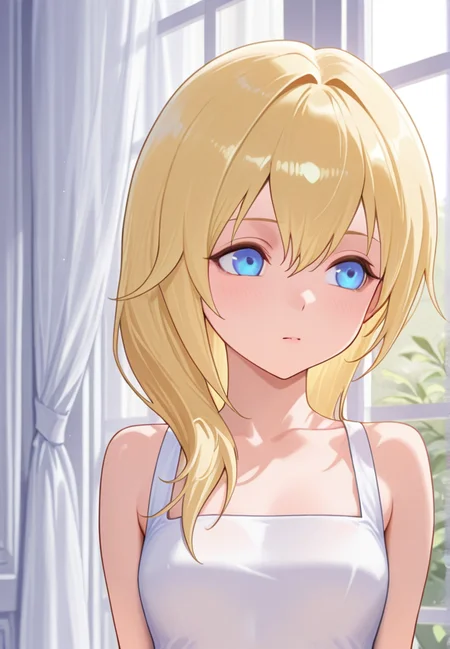 masterpiece, best quality, amazing quality, very aesthetic, absurdres,  newest, detailed background, upper body,indoors, curtains, palace
naminekh, 1girl, solo, blue eyes, blonde hair, long hair, hair between eyes, dress, white dress, bare shoulders, outdoor,
 <lora:Namine_-_Kingdom_Hearts_Illustrious:1>