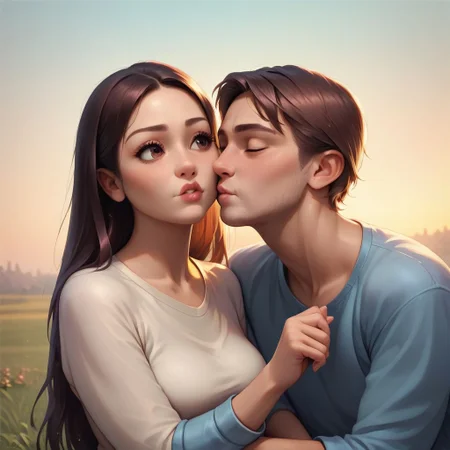 (Ultra Realistic:1.0),32k,(Masterpiece:1.0),(High Detailed Skin:1.0),( High Quality:1.0), (Detailed Realistic Background:1.3), (Realistic Lighting:1.0), volumetric lighting, score_9, score_8_up, score_7_up, 1girl, 1boy, hetero, kissing cheek, shirt, pants, picnic