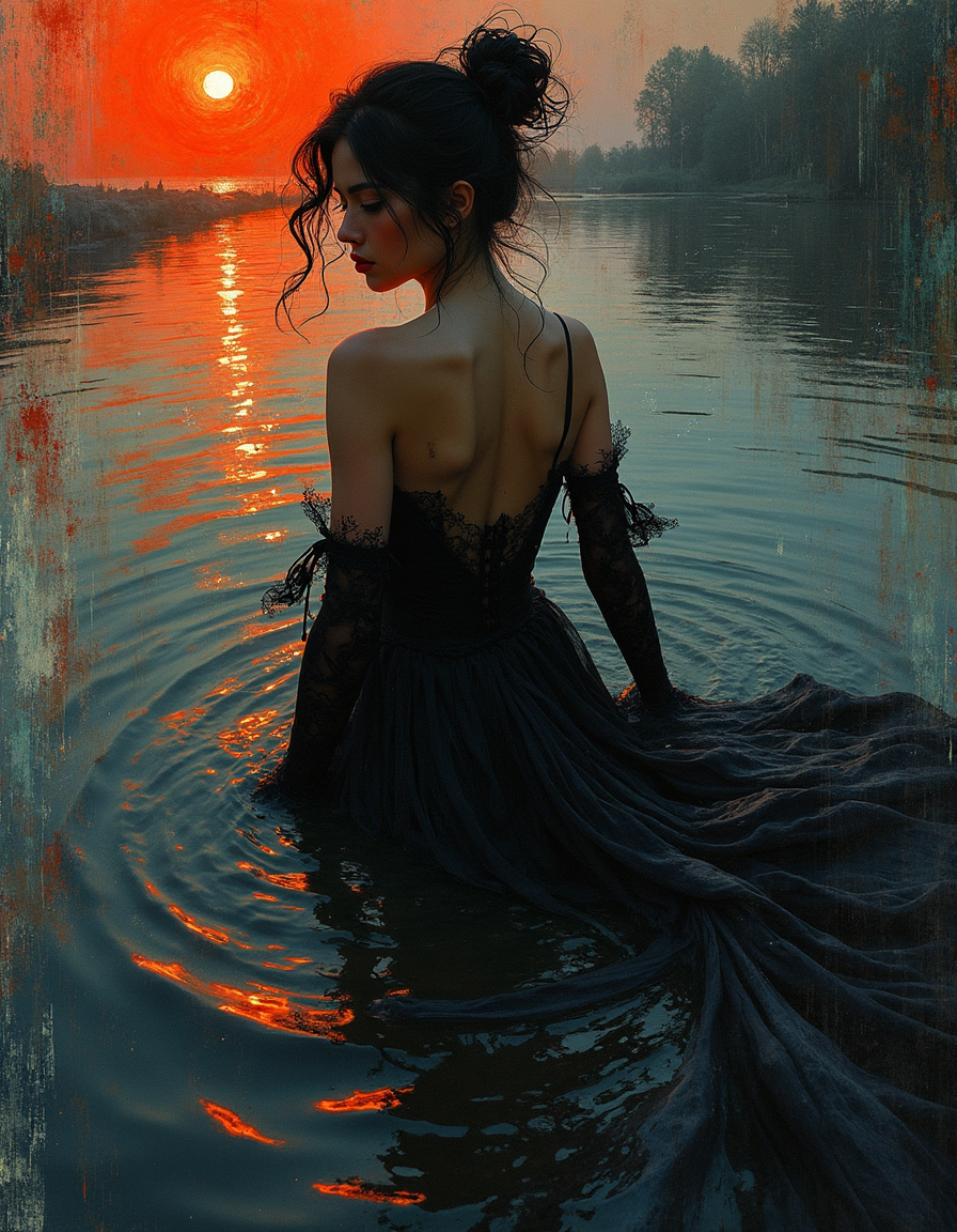 romanticism art by Jean-Léon Gérôme and Conrad Roset, Painting, singularity black rivers ripple their banks in the depth-spanning evocative form of this pullarist and whimsical creation: one with an intelligent figure who radiatest passion and intelligence. She wearstrupted into her impressionist physique to decipher what she wants out. She moves confidently across all shapes and sizes crafted from high fiber, carrying through a swirly energy network in which they are filled with complex parts. It is both terrifying for viewers and captivating melancholic. , luxurious sharp focus, intense, dynamic cinematic color, intricate detail, best, located artistic, Fashion and art,elegant and sophisticated, innovative use of light and shadow, capturing the glamour of mid-20th century fashion, Art Nouveau, decorative, allegorical, symbolic