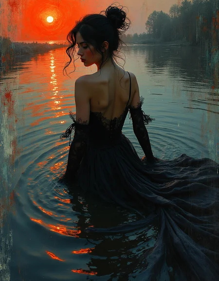 romanticism art by Jean-Léon Gérôme and Conrad Roset, Painting, singularity black rivers ripple their banks in the depth-spanning evocative form of this pullarist and whimsical creation: one with an intelligent figure who radiatest passion and intelligence. She wearstrupted into her impressionist physique to decipher what she wants out. She moves confidently across all shapes and sizes crafted from high fiber, carrying through a swirly energy network in which they are filled with complex parts. It is both terrifying for viewers and captivating melancholic. , luxurious sharp focus, intense, dynamic cinematic color, intricate detail, best, located artistic, Fashion and art,elegant and sophisticated, innovative use of light and shadow, capturing the glamour of mid-20th century fashion, Art Nouveau, decorative, allegorical, symbolic