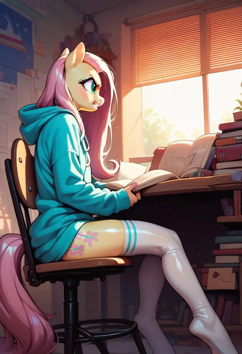 score_9, score_8_up, score_7_up, score_6_up, semi-realistic artwork, detailed background, high quality, vibrant colors, best quality rendering, intricate details, high resolution, sharp focus, best render quality, (background-room, study, table, homework, glowing desk light), side view,
1girl, solo, {Fluttershy (anthro pony) long hair, 18 yo, narrow shoulders, skinny, shiny skin,
oversized hoodie, white thigh-high socks,
dynamic pose, sitting chair, doing homework, studying,
shy, pensive, angry,