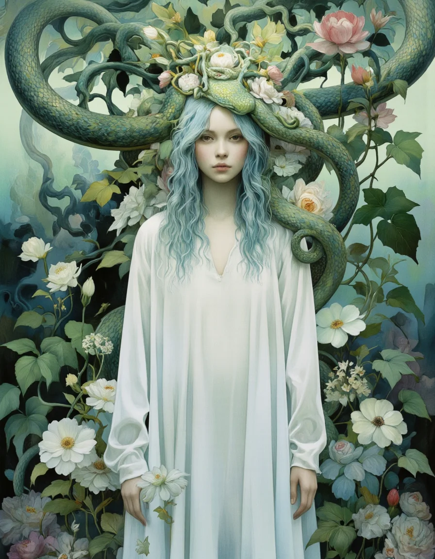 Art by Vvika. A surreal digital illustration shoot from a frontal camera angle about a woman with long, wavy, light blue hair surrounded by a lush, green background filled with various flowers and vines. the woman, positioned in the middle of the image, has a serene expression and is wearing a white, loose-fitting dress with long sleeves. her hair is styled in loose waves and falls down her back, with a few strands framing her face. she is looking directly at the viewer, with her brown eyes locked onto the viewer. on her head, a large, green snake is coiled around her, its scales glistening in the soft, ethereal light. the snake's head is adorned with vines and flowers, adding to the surreal and dreamlike atmosphere of the scene. the overall effect is one of serenity and tranquility, with the woman standing amidst the vibrant flowers and lush foliage.