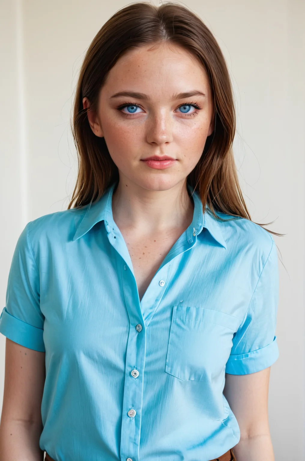 breathtaking 1girl, blue eyes, brown hair, collared shirt, freckles, lips, long hair, looking at viewer, pants, realistic, s4ndr4, shirt, short sleeves, solo, upper body, woman <lora:S4ndr4_mm4:0.8> S4ndr4 . award-winning, professional, highly detailed