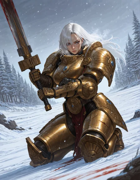 masterpiece, best quality,high quality, newest, highres,8K,HDR,absurdres, dynamic angle, realistic, 1girl, iLLCustodes40k, power armor, golden armor, white hair, kneeling, snow, scars, holding a sword, dirty, bloody, <lora:iLLCustodes40k:1>