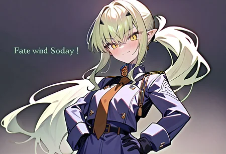 1girl, Melusine \(fate grand order\), fate grand order, solo, long hair, hat, white hair, pointy ears, yellow eyes, peaked cap, jacket, black gloves, hand on own hip, closed mouth, hair over one eye, looking at viewer, brown necktie, large breasts, eyes visible through hair, smile, long sleeves, ponytail, gloves, upper body, light green hair, character name, necktie, breasts, english text, blush, black headwear, white jacket, 
masterpiece,best quality,  newest, absurdres, safe <lora:ag31_twin_fp8-000036:1>