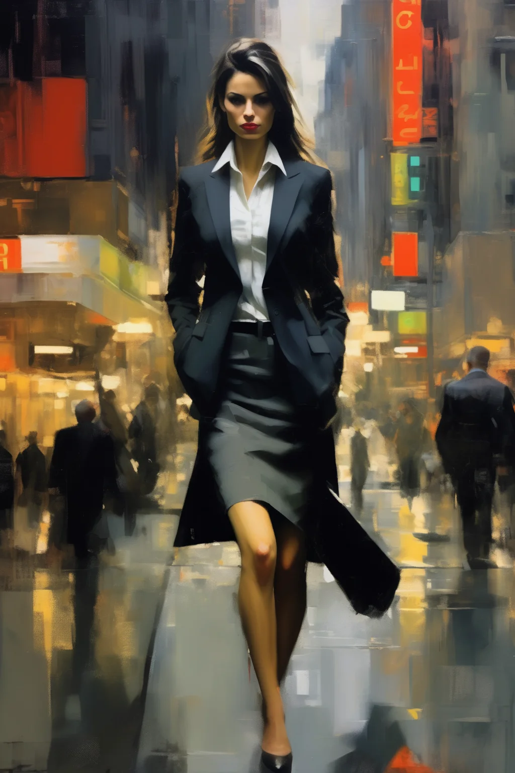 <lora:Ben Aronson Style:1>Ben Aronson Style - Envision the same Macedonian woman, now in a bustling cityscape, reflecting the fast-paced urban life. She is dressed in a stylish business suit, embodying the spirit of a modern, independent woman. The medium is photo hyper-realism, with a style that echoes the dynamic cityscapes of Saul Leiter. The lighting is artificial, with the city lights creating a high-contrast scene. The colors are vibrant, with a focus on the neon lights and the metallic hues of the city. The composition is a wide shot, taken with a Nikon Z7 II, NIKKOR Z 24-70mm f/2.8 S lens, resolution 45.7 megapixels, ISO sensitivity: 64, shutter speed 1/200 second, capturing her amidst the urban chaos.