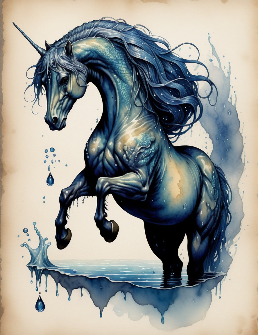 from the desk of the historians of waterdeep, scientific illustration of  a water horse from the deeps, scales, creature<lora:SDXLInkStainsFinal:1> Inkstains, high quality, beautiful,  highly detailed, 8k, fantasy