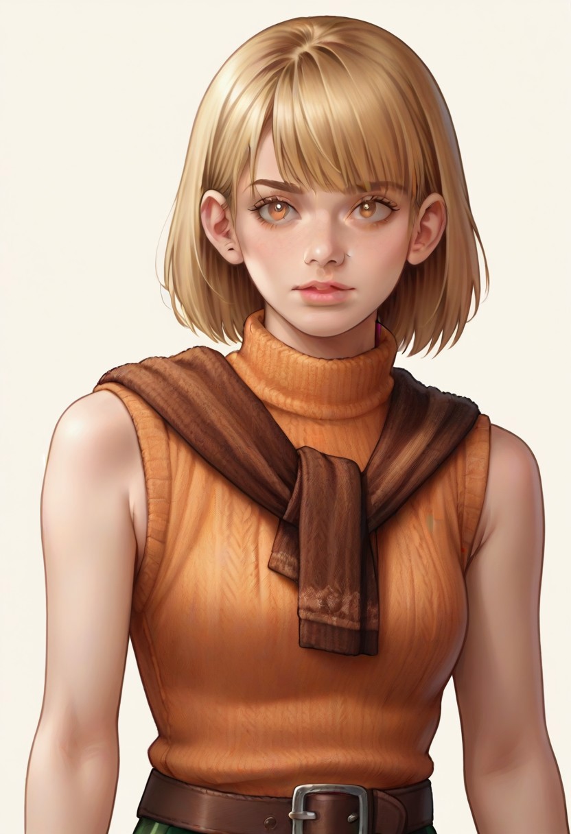 <lora:ashleygraham:0.9>, ashleygraham, photorealism, 1girl,solo,blonde hair,bob cut,bangs, golden eyes,orange turtleneck,sleeveless,brown sweater over shoulder,,green plaid skirt,brown belt, ,,,